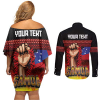 Personalised Samoan Spirit - Samoa Tribal Heritage Couples Matching Off Shoulder Short Dress and Long Sleeve Button Shirt LT03 - Polynesian Pride
