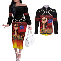 Personalised Samoan Spirit - Samoa Tribal Heritage Couples Matching Off The Shoulder Long Sleeve Dress and Long Sleeve Button Shirt LT03 Black - Polynesian Pride