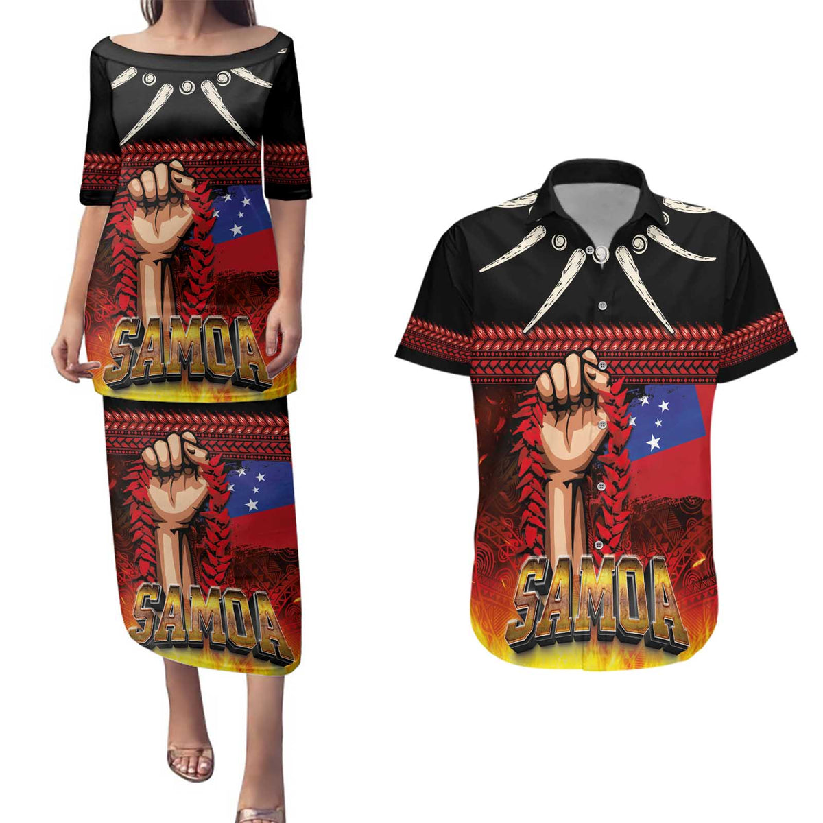 Personalised Samoan Spirit - Samoa Tribal Heritage Couples Matching Puletasi and Hawaiian Shirt LT03 Black - Polynesian Pride
