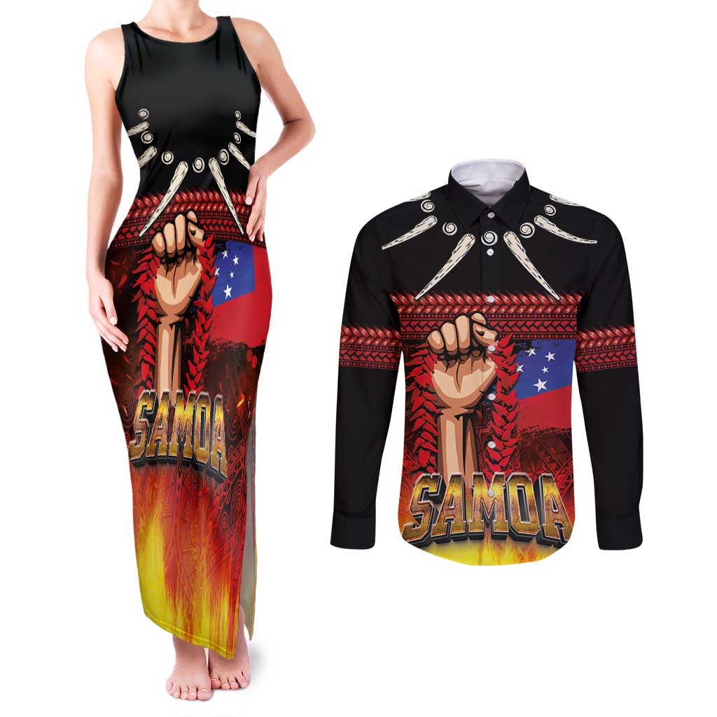Personalised Samoan Spirit - Samoa Tribal Heritage Couples Matching Tank Maxi Dress and Long Sleeve Button Shirt