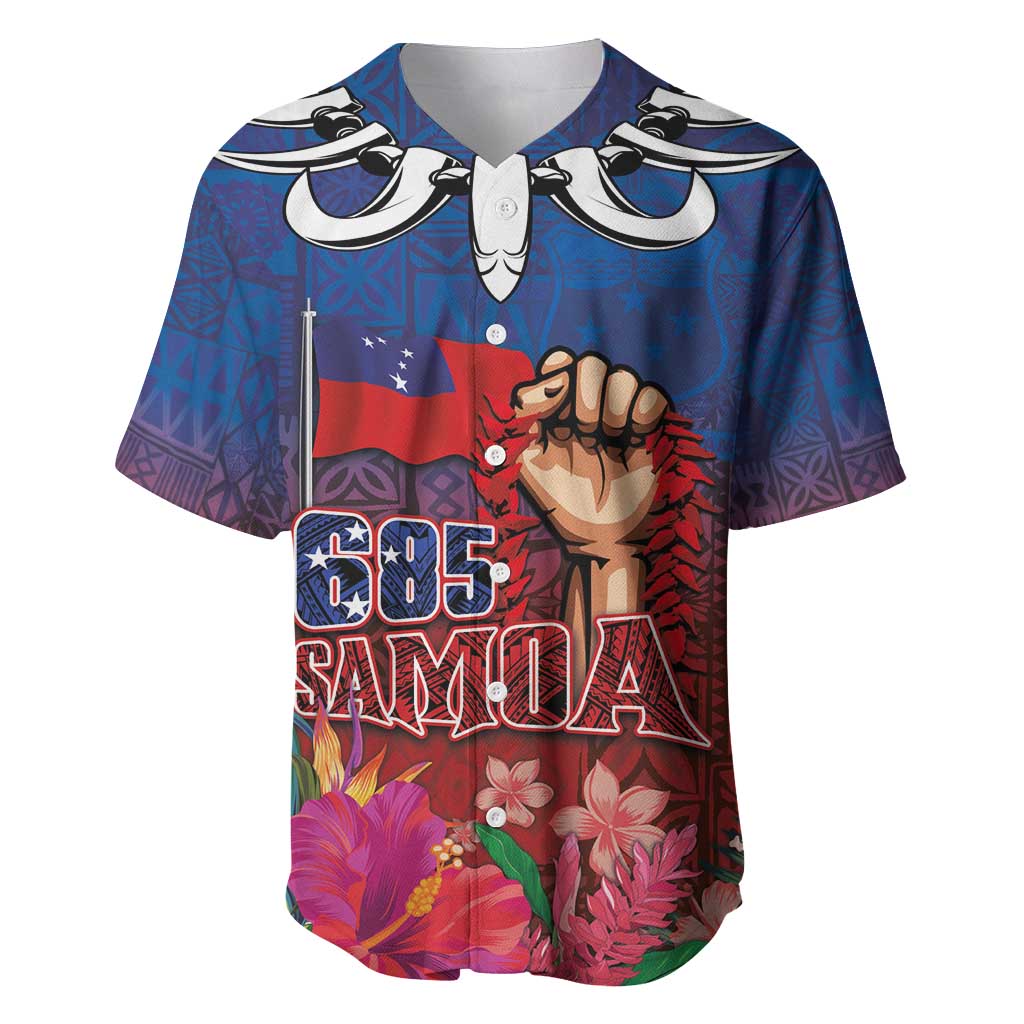 Proud of Samoa Baseball Jersey Ula Nifo with Samoa 685 and Hibiscus Tapa Tribal Pattern LT03 Blue - Polynesian Pride