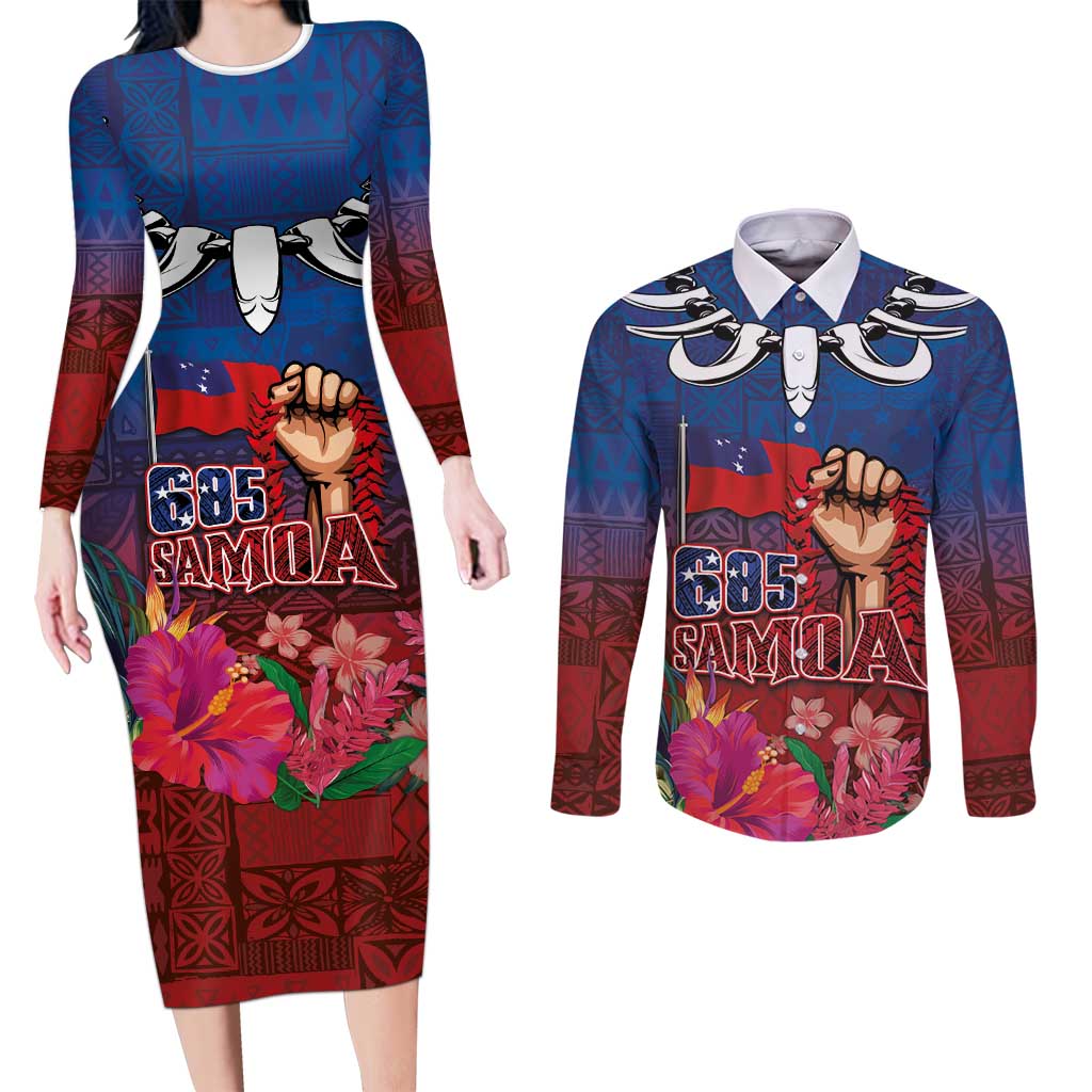 Proud of Samoa Couples Matching Long Sleeve Bodycon Dress and Long Sleeve Button Shirt Ula Nifo with Samoa 685 and Hibiscus Tapa Tribal Pattern LT03 Blue - Polynesian Pride