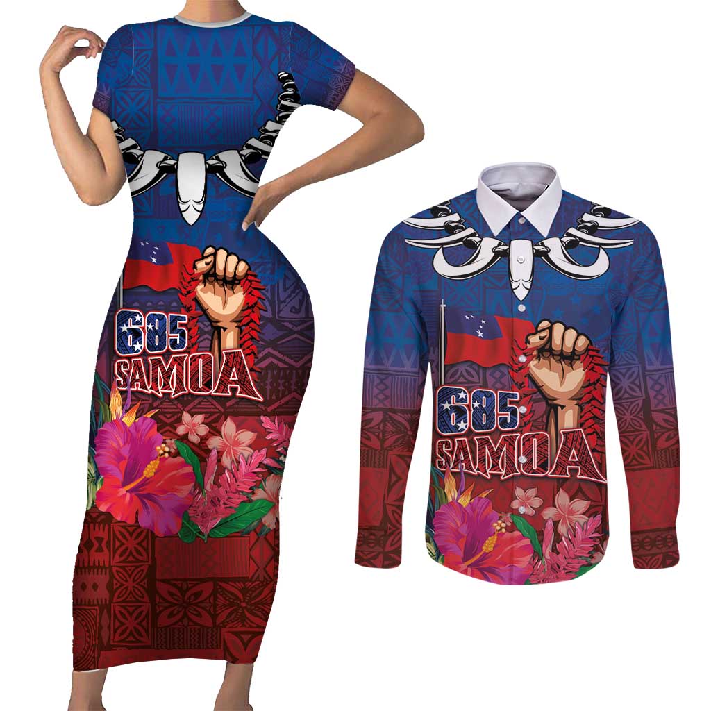 Proud of Samoa Couples Matching Short Sleeve Bodycon Dress and Long Sleeve Button Shirt Ula Nifo with Samoa 685 and Hibiscus Tapa Tribal Pattern