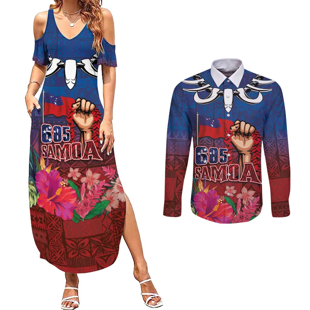 Proud of Samoa Couples Matching Summer Maxi Dress and Long Sleeve Button Shirt Ula Nifo with Samoa 685 and Hibiscus Tapa Tribal Pattern