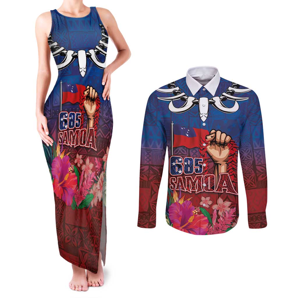 Proud of Samoa Couples Matching Tank Maxi Dress and Long Sleeve Button Shirt Ula Nifo with Samoa 685 and Hibiscus Tapa Tribal Pattern LT03 Blue - Polynesian Pride