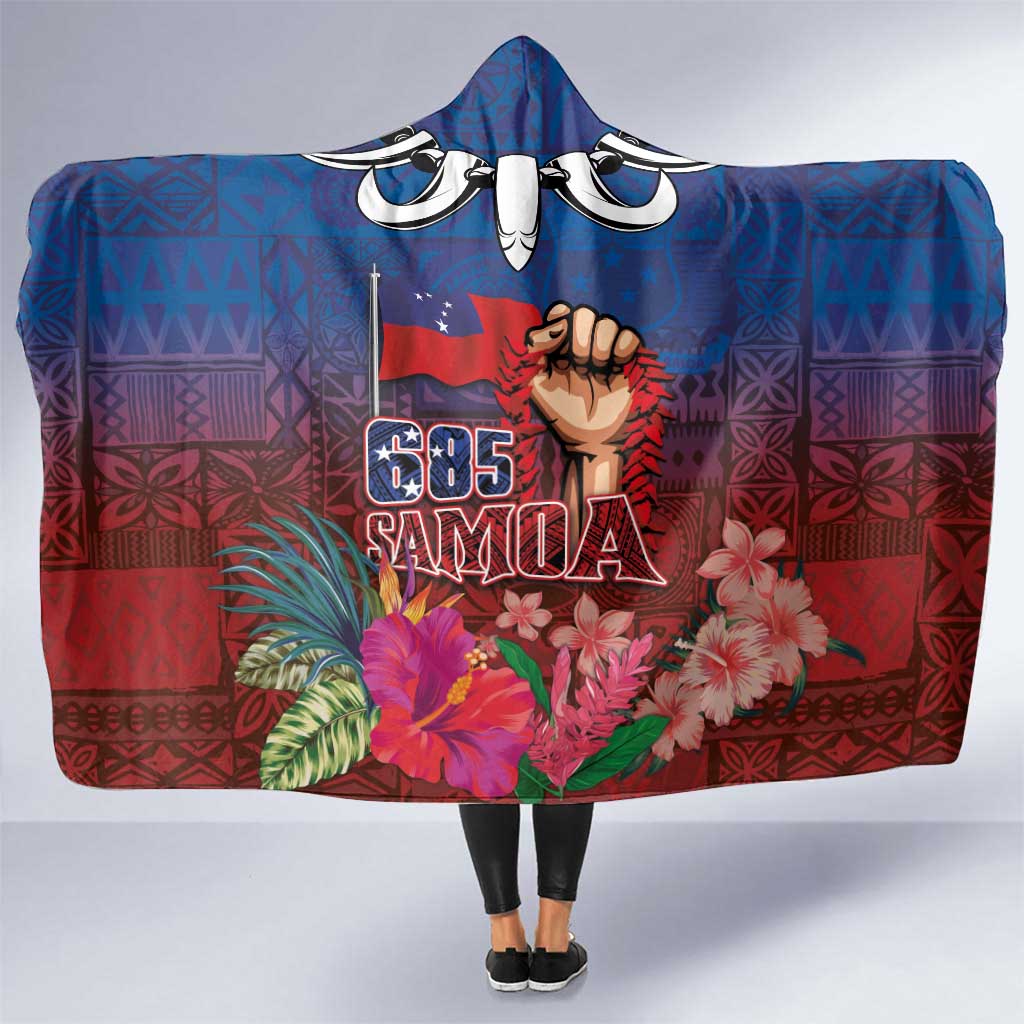 Proud of Samoa Hooded Blanket Ula Nifo with Samoa 685 and Hibiscus Tapa Tribal Pattern LT03 One Size Blue - Polynesian Pride