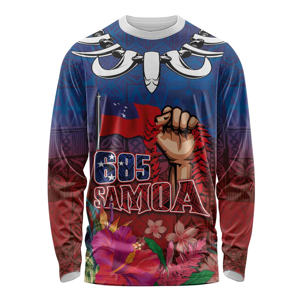Proud of Samoa Long Sleeve Shirt Ula Nifo with Samoa 685 and Hibiscus Tapa Tribal Pattern LT03 Unisex Blue - Polynesian Pride