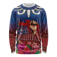 Proud of Samoa Long Sleeve Shirt Ula Nifo with Samoa 685 and Hibiscus Tapa Tribal Pattern LT03 Unisex Blue - Polynesian Pride