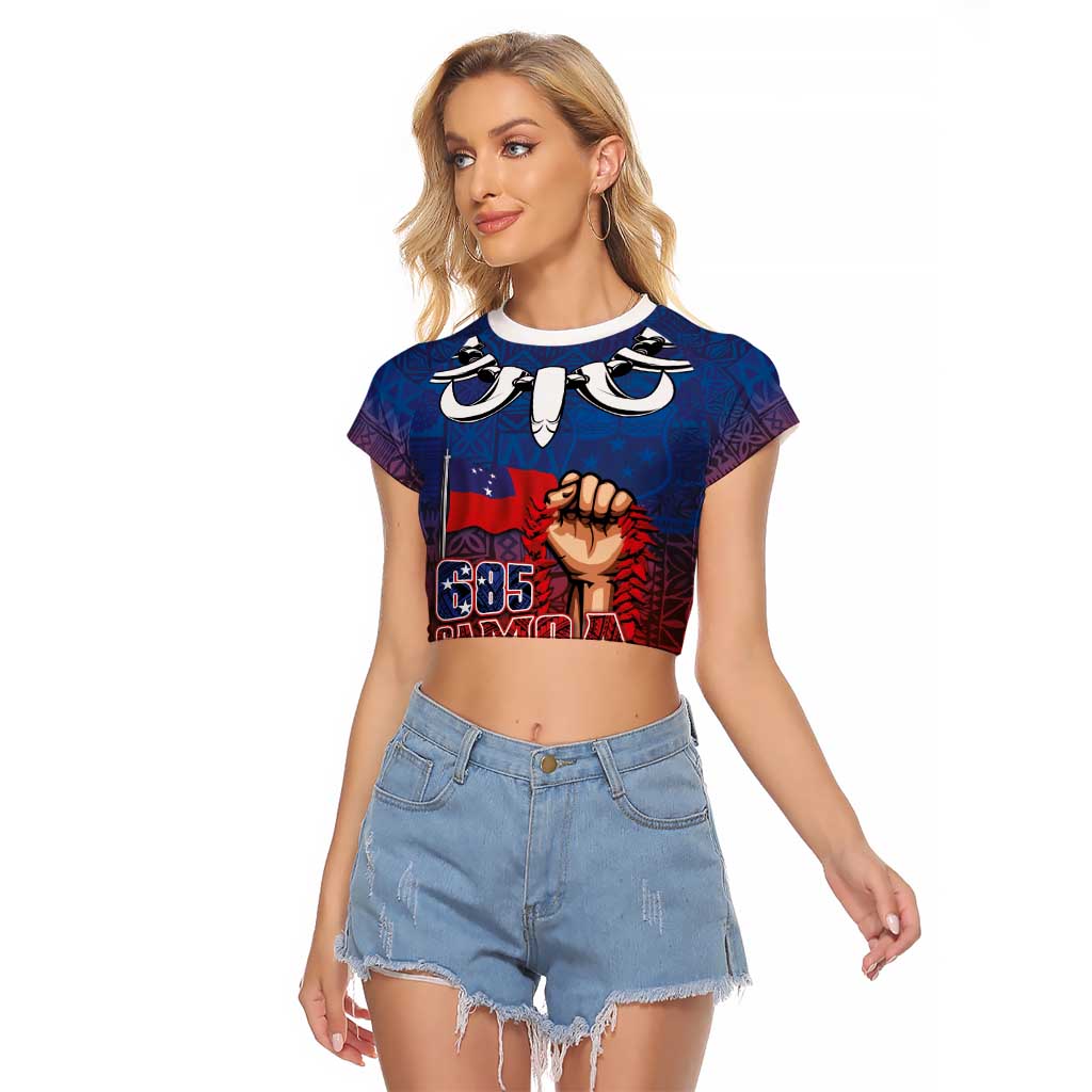 Proud of Samoa Raglan Cropped T Shirt Ula Nifo with Samoa 685 and Hibiscus Tapa Tribal Pattern LT03 Female Blue - Polynesian Pride