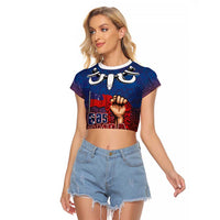 Proud of Samoa Raglan Cropped T Shirt Ula Nifo with Samoa 685 and Hibiscus Tapa Tribal Pattern LT03 Female Blue - Polynesian Pride