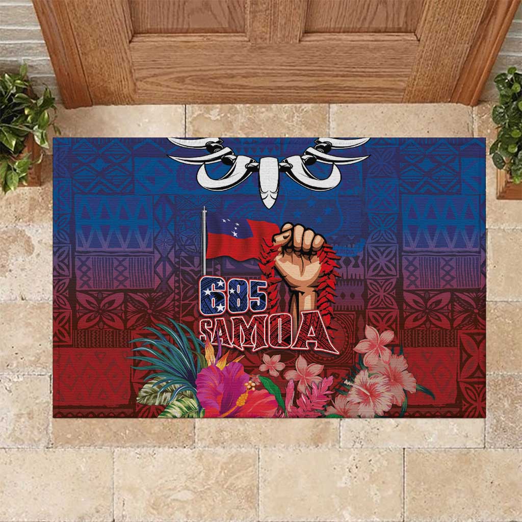 Proud of Samoa Rubber Doormat Ula Nifo with Samoa 685 and Hibiscus Tapa Tribal Pattern LT03 Blue - Polynesian Pride