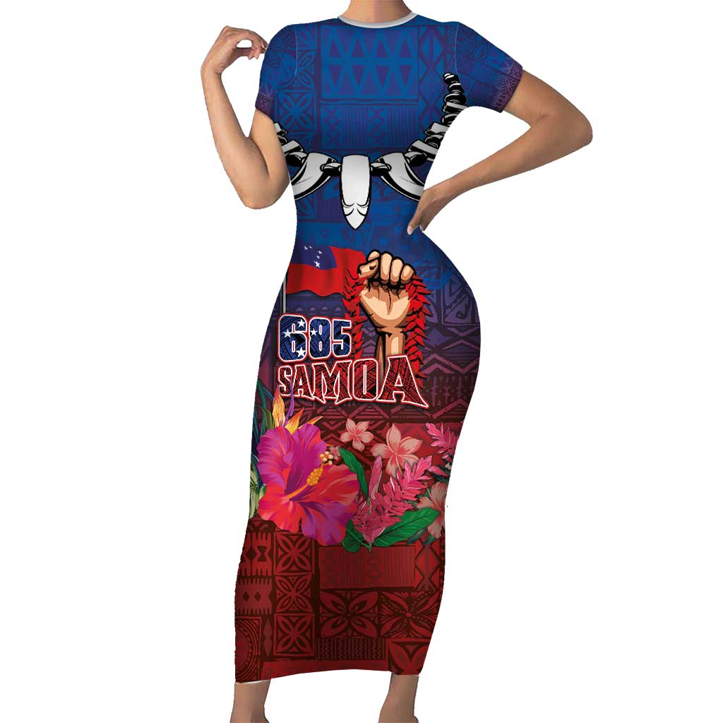 Proud of Samoa Short Sleeve Bodycon Dress Ula Nifo with Samoa 685 and Hibiscus Tapa Tribal Pattern LT03 Long Dress Blue - Polynesian Pride