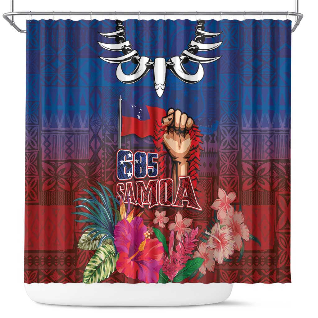 Proud of Samoa Shower Curtain Ula Nifo with Samoa 685 and Hibiscus Tapa Tribal Pattern LT03 Blue - Polynesian Pride