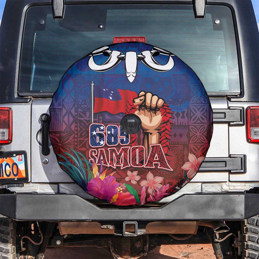 Proud of Samoa Spare Tire Cover Ula Nifo with Samoa 685 and Hibiscus Tapa Tribal Pattern LT03 Blue - Polynesian Pride