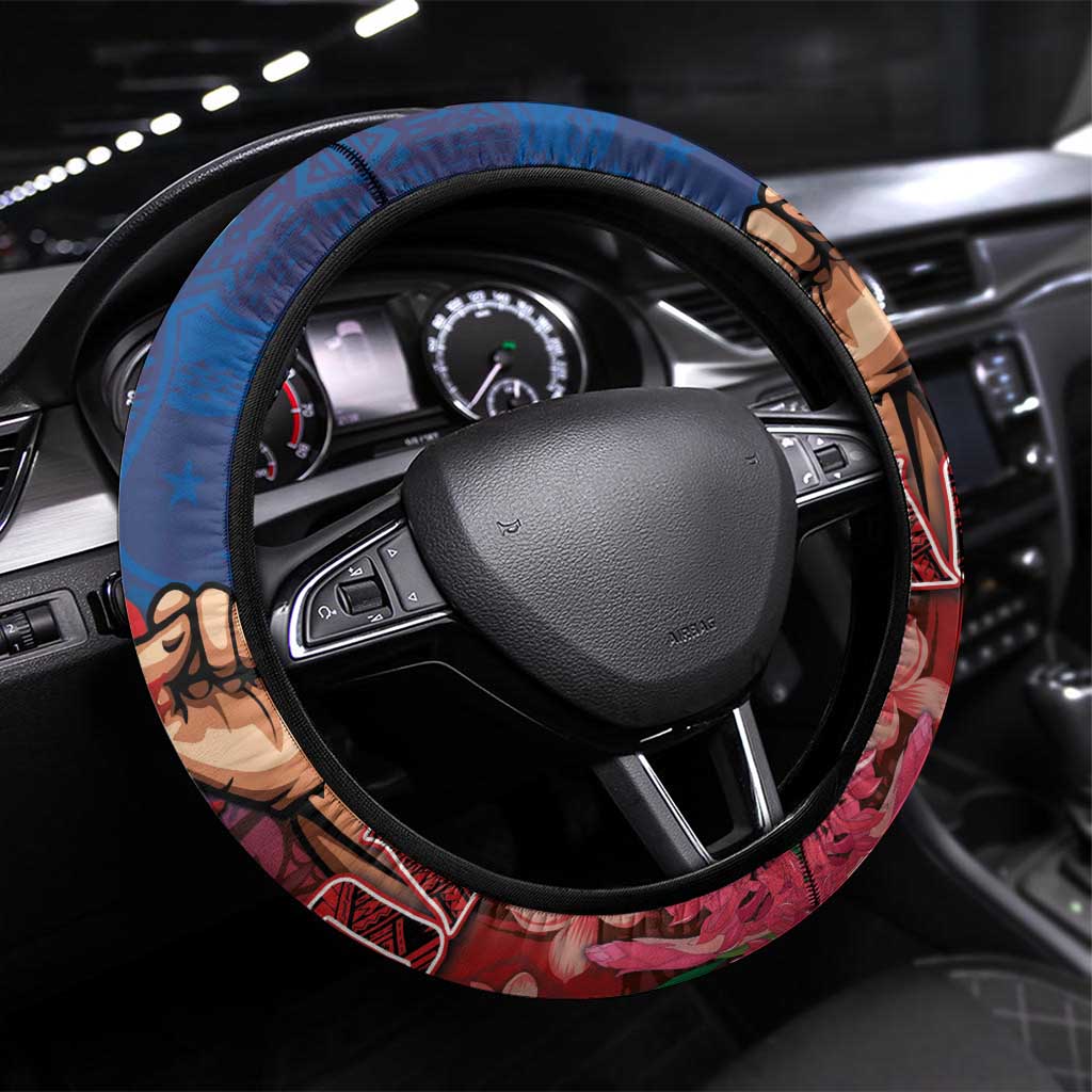 Proud of Samoa Steering Wheel Cover Ula Nifo with Samoa 685 and Hibiscus Tapa Tribal Pattern LT03 Universal Fit Blue - Polynesian Pride