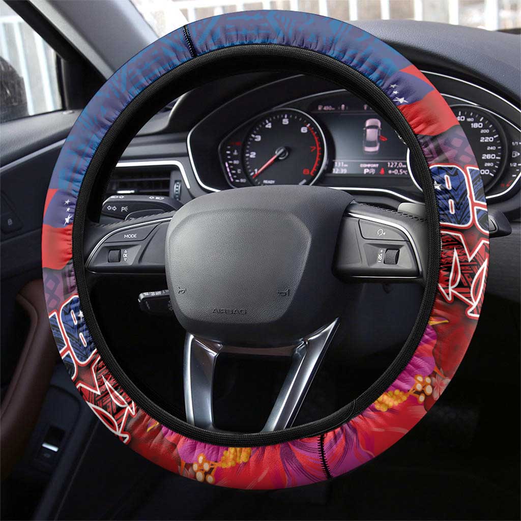 Proud of Samoa Steering Wheel Cover Ula Nifo with Samoa 685 and Hibiscus Tapa Tribal Pattern LT03 - Polynesian Pride