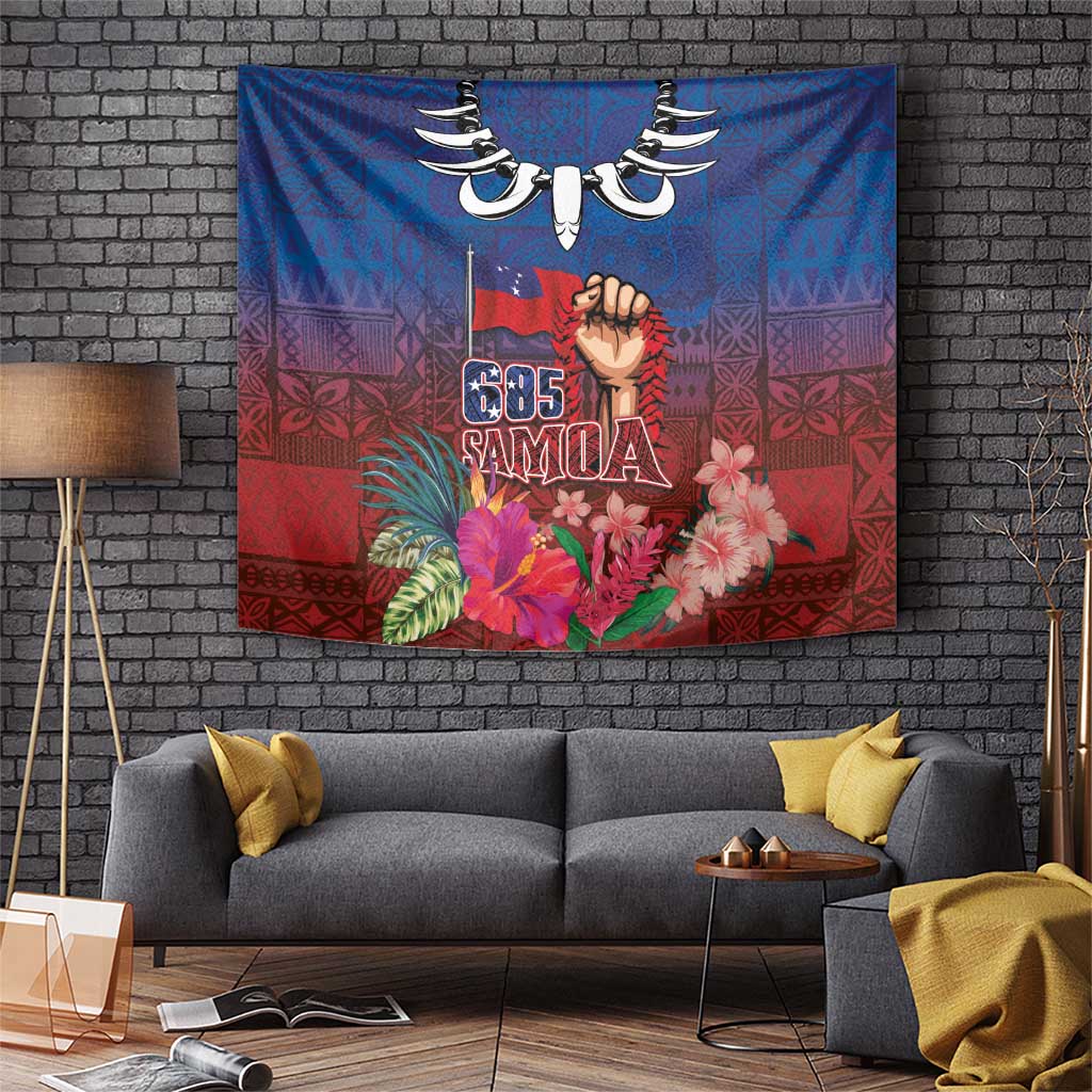 Proud of Samoa Tapestry Ula Nifo with Samoa 685 and Hibiscus Tapa Tribal Pattern LT03 Blue - Polynesian Pride