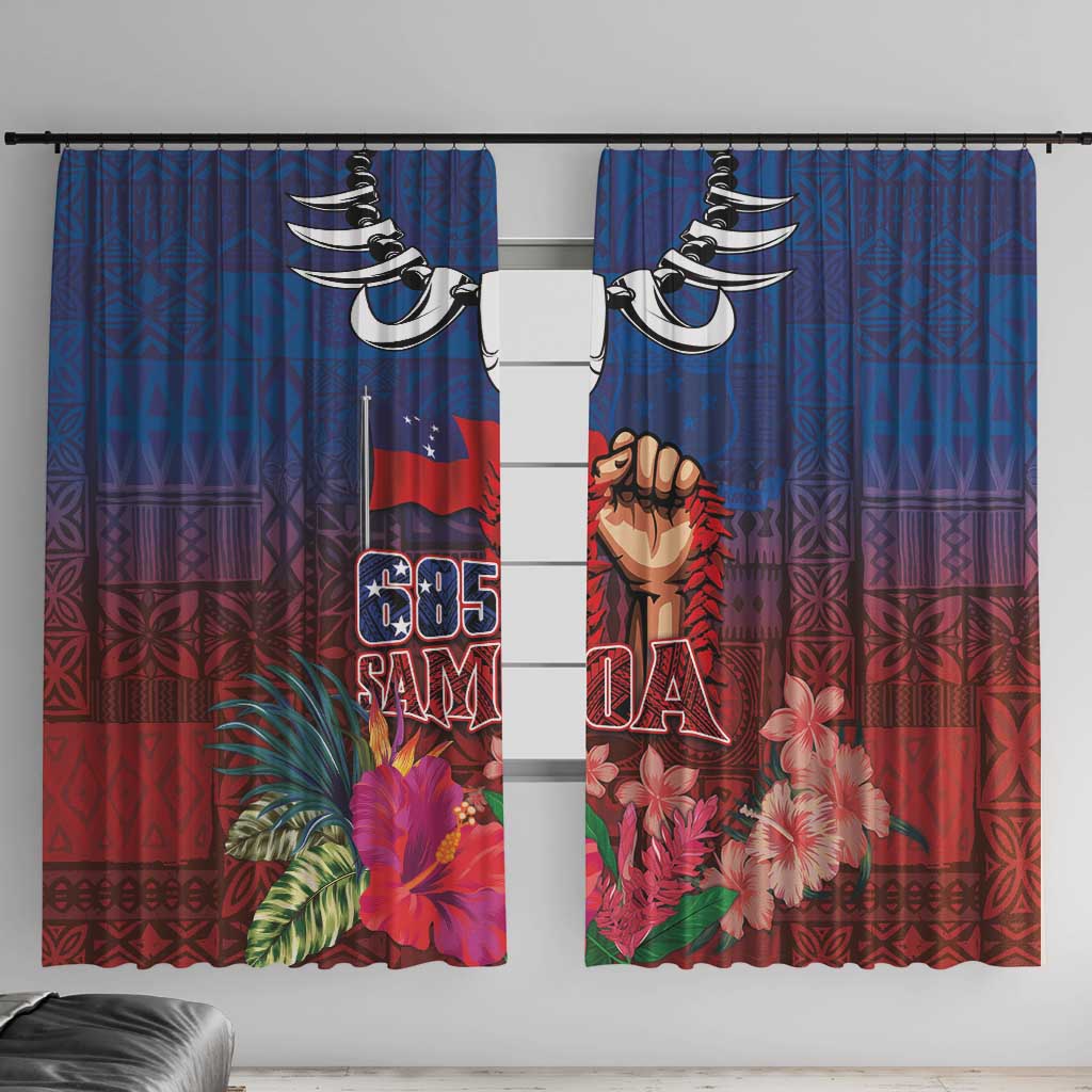 Proud of Samoa Window Curtain Ula Nifo with Samoa 685 and Hibiscus Tapa Tribal Pattern LT03 With Hooks Blue - Polynesian Pride