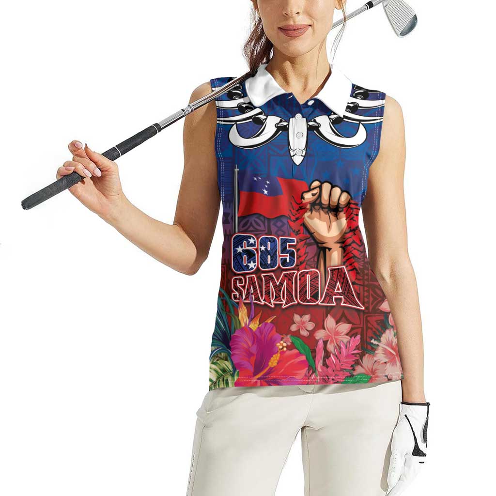 Proud of Samoa Women Sleeveless Polo Shirt Ula Nifo with Samoa 685 and Hibiscus Tapa Tribal Pattern
