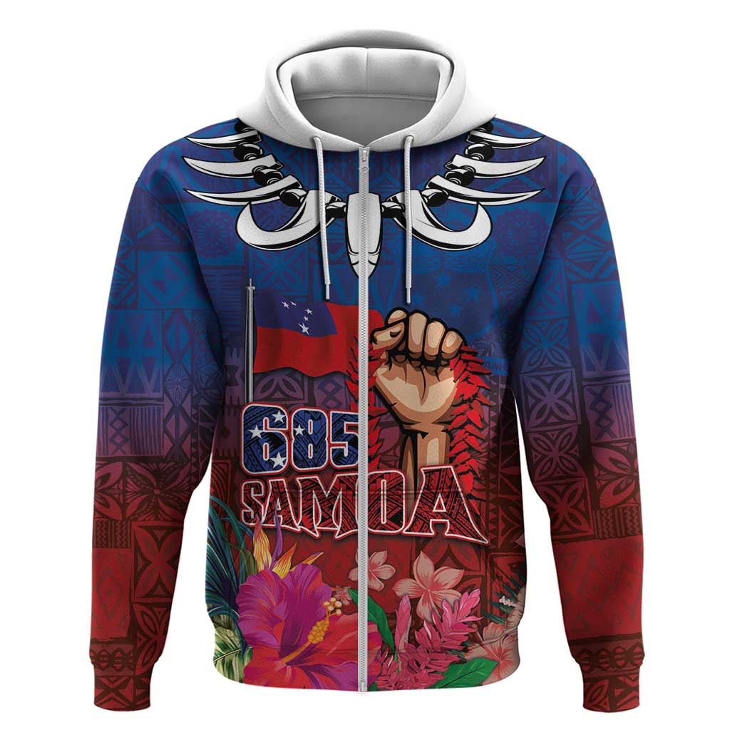 Proud of Samoa Zip Hoodie Ula Nifo with Samoa 685 and Hibiscus Tapa Tribal Pattern LT03 Zip Hoodie Blue - Polynesian Pride