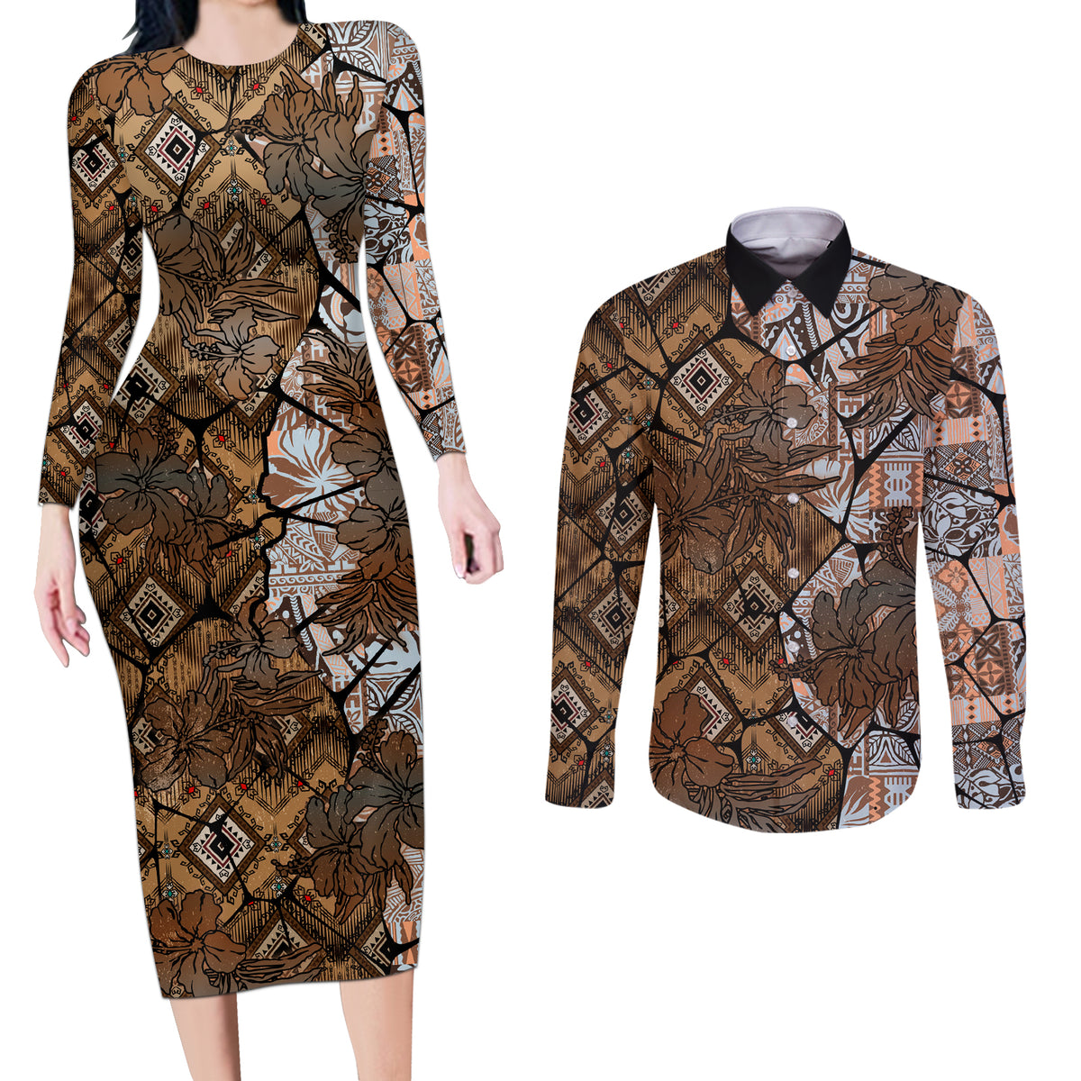 Fiji Masi Tapa Tribal Couples Matching Long Sleeve Bodycon Dress and Long Sleeve Button Shirt Old Hibiscus Vintage Style LT03 Brown - Polynesian Pride
