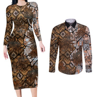 Fiji Masi Tapa Tribal Couples Matching Long Sleeve Bodycon Dress and Long Sleeve Button Shirt Old Hibiscus Vintage Style LT03 Brown - Polynesian Pride