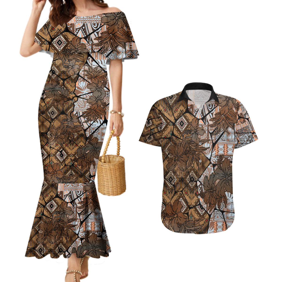 Fiji Masi Tapa Tribal Couples Matching Mermaid Dress and Hawaiian Shirt Old Hibiscus Vintage Style LT03 Brown - Polynesian Pride