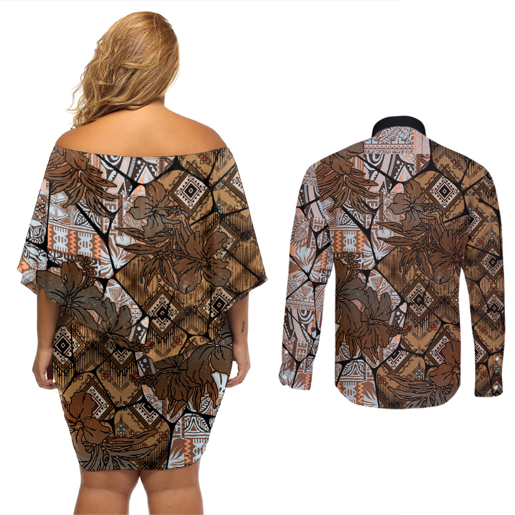 Fiji Masi Tapa Tribal Couples Matching Off Shoulder Short Dress and Long Sleeve Button Shirt Old Hibiscus Vintage Style LT03 - Polynesian Pride