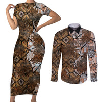 Fiji Masi Tapa Tribal Couples Matching Short Sleeve Bodycon Dress and Long Sleeve Button Shirt Old Hibiscus Vintage Style LT03 Brown - Polynesian Pride