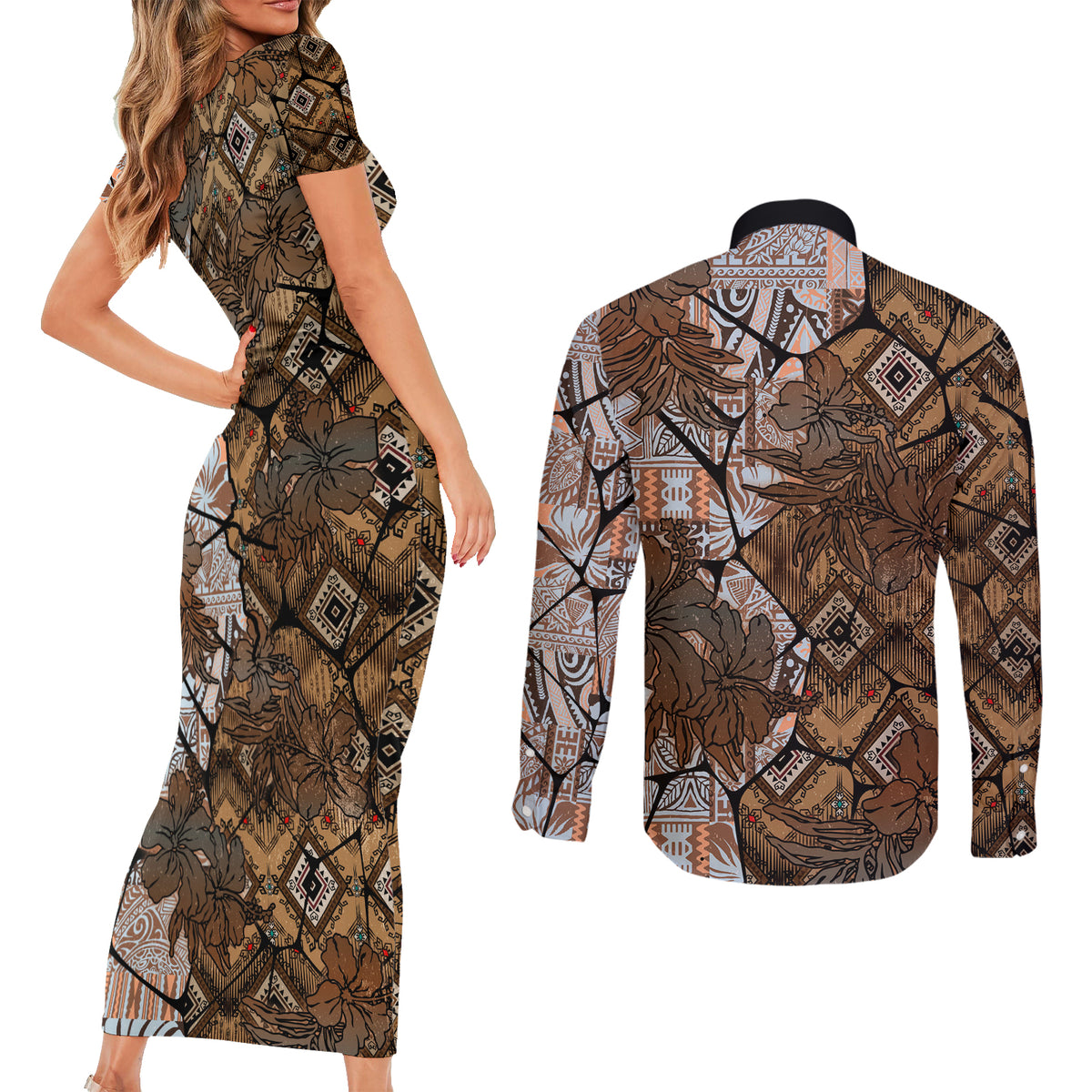 Fiji Masi Tapa Tribal Couples Matching Short Sleeve Bodycon Dress and Long Sleeve Button Shirt Old Hibiscus Vintage Style LT03 - Polynesian Pride