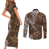 Fiji Masi Tapa Tribal Couples Matching Short Sleeve Bodycon Dress and Long Sleeve Button Shirt Old Hibiscus Vintage Style LT03 - Polynesian Pride