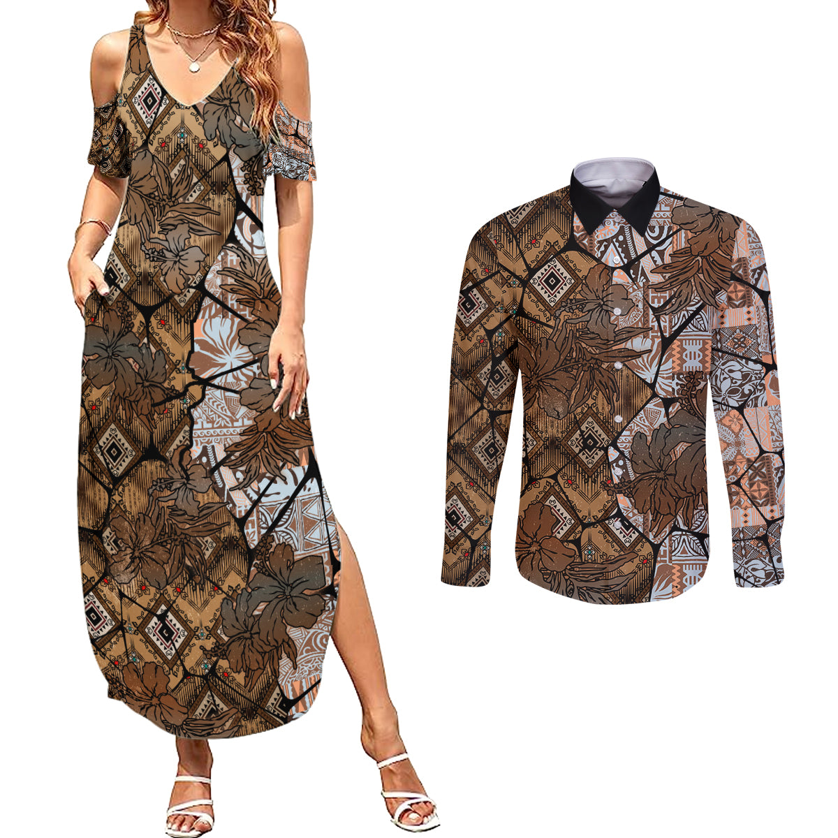 Fiji Masi Tapa Tribal Couples Matching Summer Maxi Dress and Long Sleeve Button Shirt Old Hibiscus Vintage Style LT03 Brown - Polynesian Pride