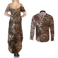 Fiji Masi Tapa Tribal Couples Matching Summer Maxi Dress and Long Sleeve Button Shirt Old Hibiscus Vintage Style LT03 - Polynesian Pride