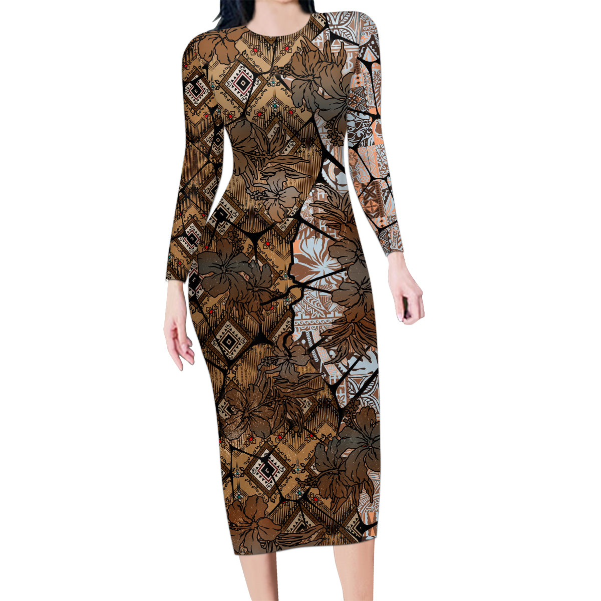 Fiji Masi Tapa Tribal Family Matching Long Sleeve Bodycon Dress and Hawaiian Shirt Old Hibiscus Vintage Style LT03 Mom's Dress Brown - Polynesian Pride