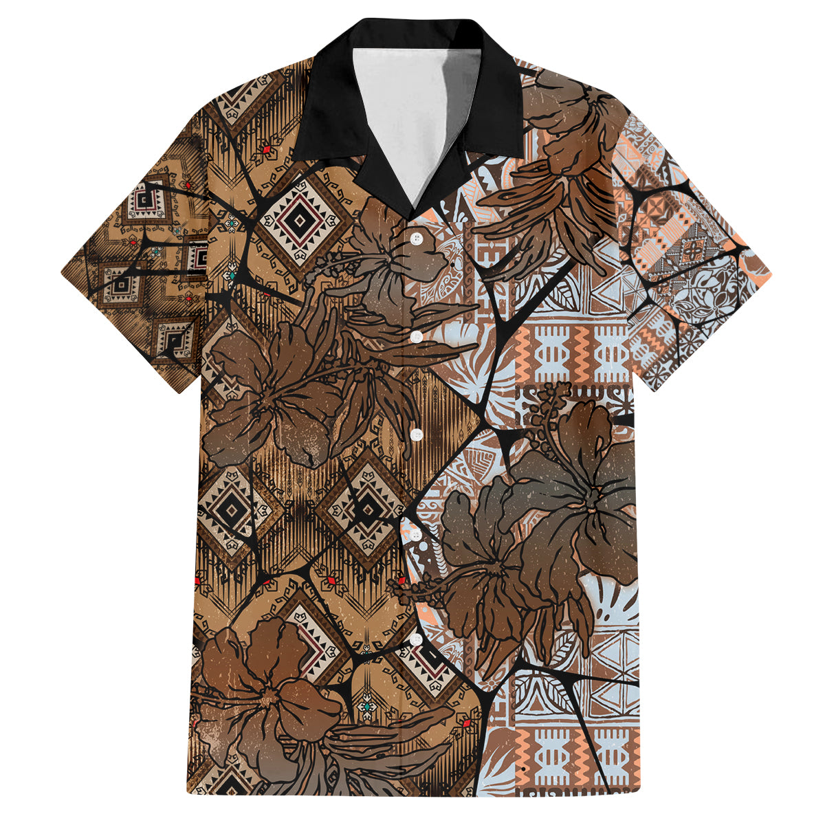 Fiji Masi Tapa Tribal Family Matching Tank Maxi Dress and Hawaiian Shirt Old Hibiscus Vintage Style LT03 Dad's Shirt - Short Sleeve Brown - Polynesian Pride