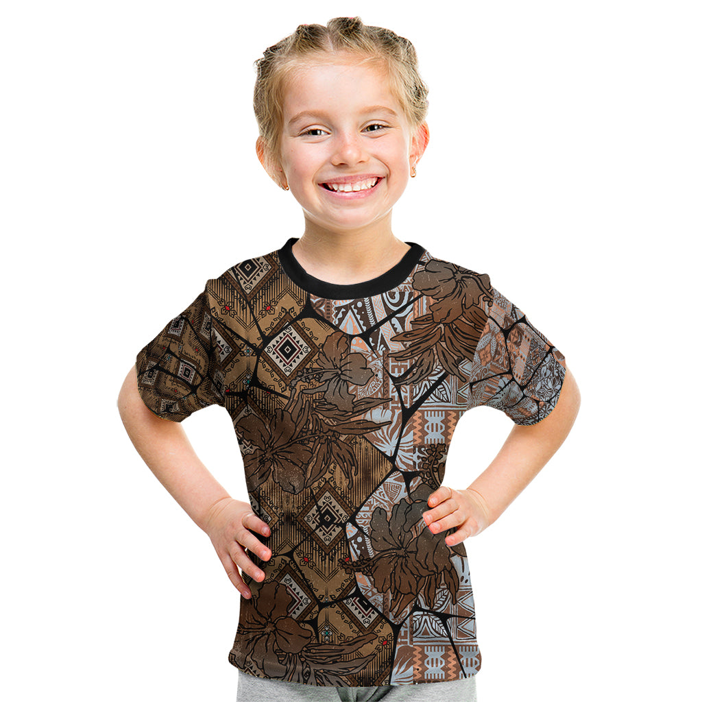 Fiji Masi Tapa Tribal Kid T Shirt Old Hibiscus Vintage Style LT03 Brown - Polynesian Pride