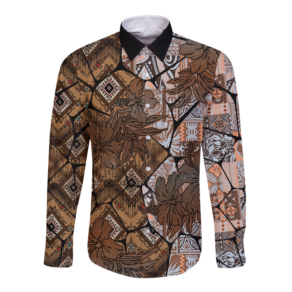 Fiji Masi Tapa Tribal Long Sleeve Button Shirt Old Hibiscus Vintage Style LT03 Unisex Brown - Polynesian Pride