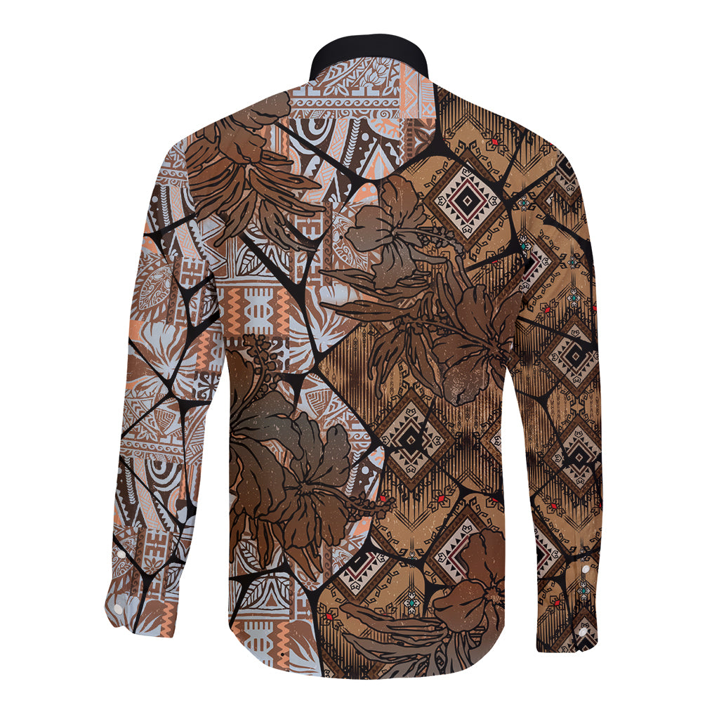 Fiji Masi Tapa Tribal Long Sleeve Button Shirt Old Hibiscus Vintage Style LT03 - Polynesian Pride