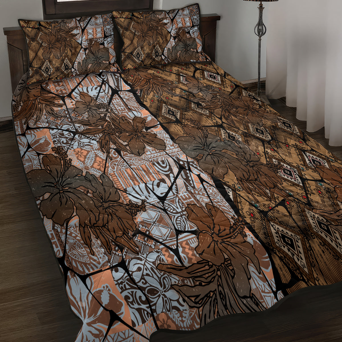 Fiji Masi Tapa Tribal Quilt Bed Set Old Hibiscus Vintage Style LT03 - Polynesian Pride