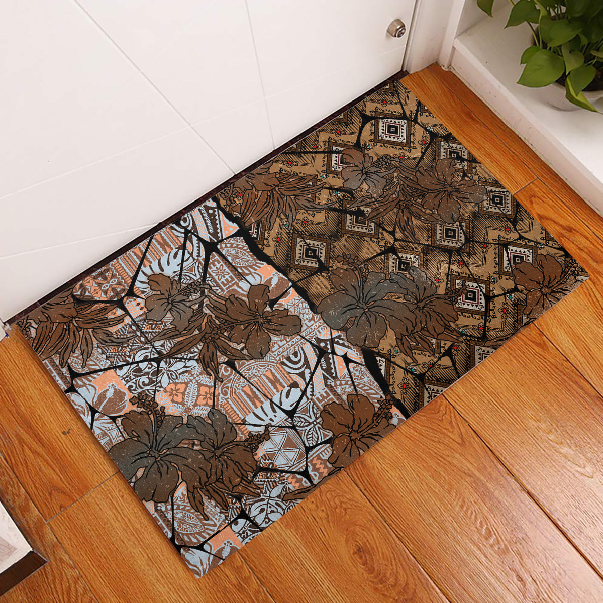 Fiji Masi Tapa Tribal Rubber Doormat Old Hibiscus Vintage Style LT03 Brown - Polynesian Pride