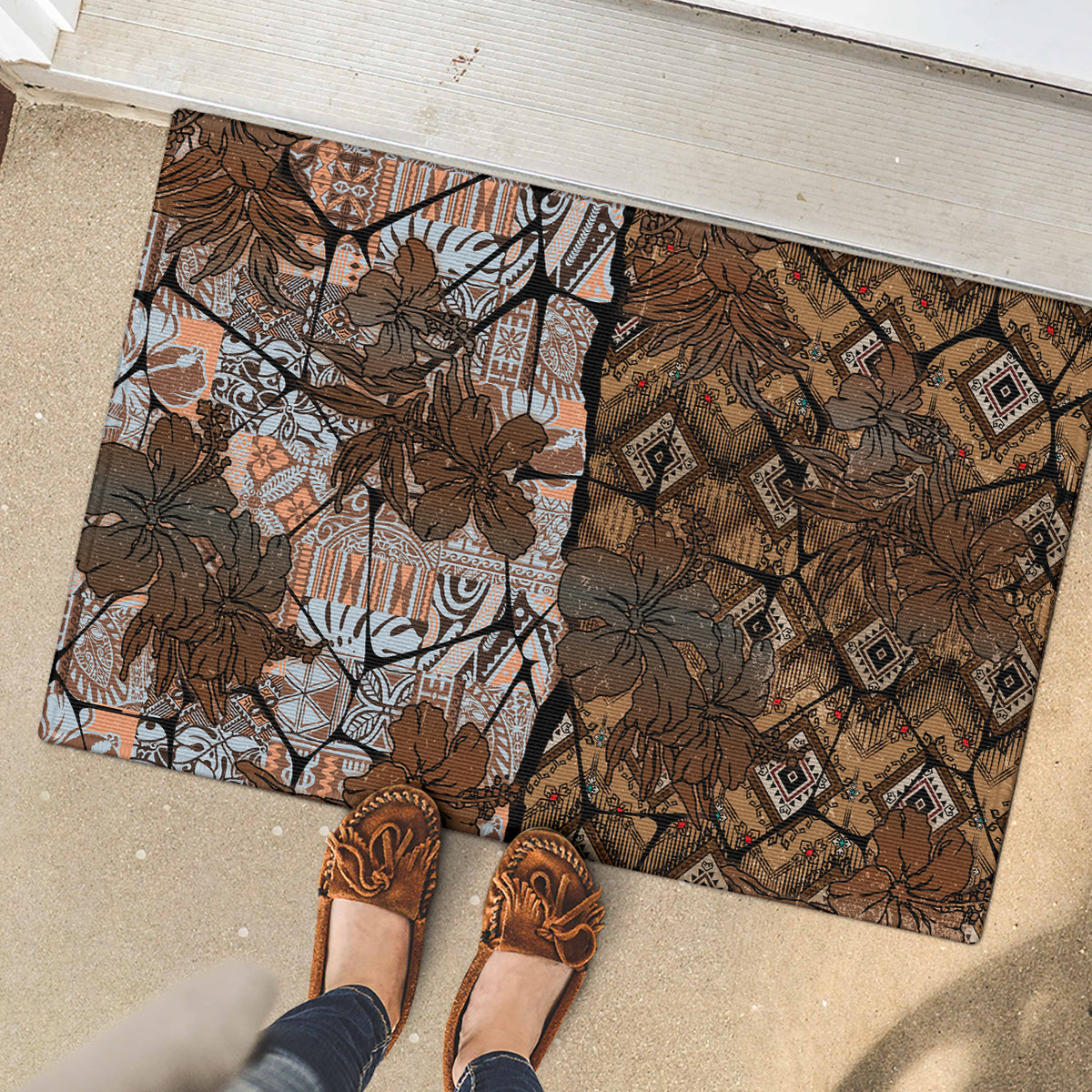 Fiji Masi Tapa Tribal Rubber Doormat Old Hibiscus Vintage Style LT03 - Polynesian Pride