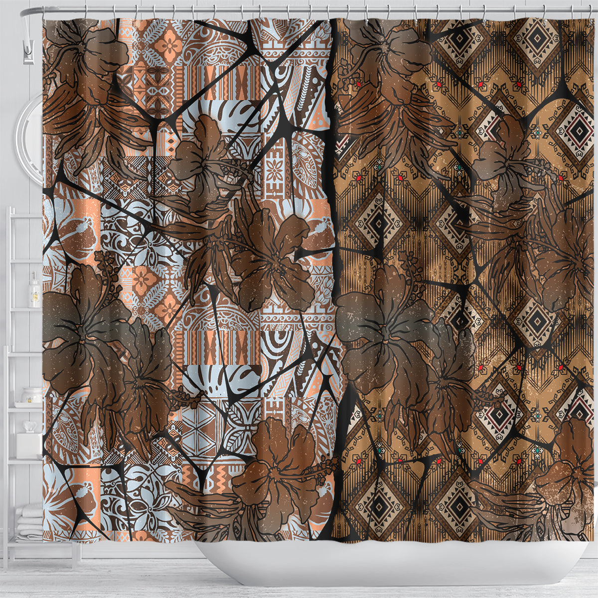 Fiji Masi Tapa Tribal Shower Curtain Old Hibiscus Vintage Style LT03 - Polynesian Pride