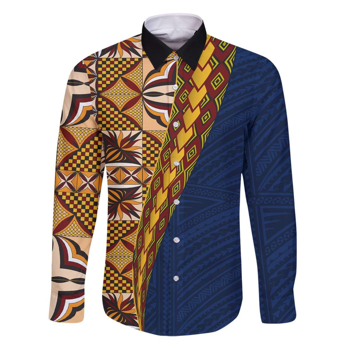 Samoan Siapo Family Matching Off Shoulder Maxi Dress and Hawaiian Shirt Tatau Pattern Half Style LT03 Dad's Shirt - Long Sleeve Yellow - Polynesian Pride