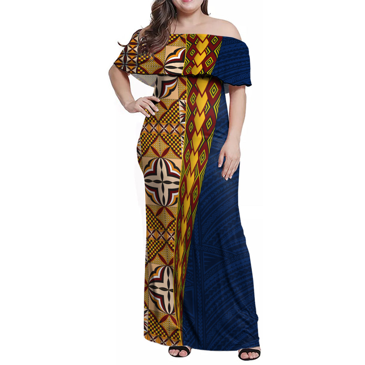 Samoan Siapo Family Matching Off Shoulder Maxi Dress and Hawaiian Shirt Tatau Pattern Half Style LT03 Mom's Dress Yellow - Polynesian Pride