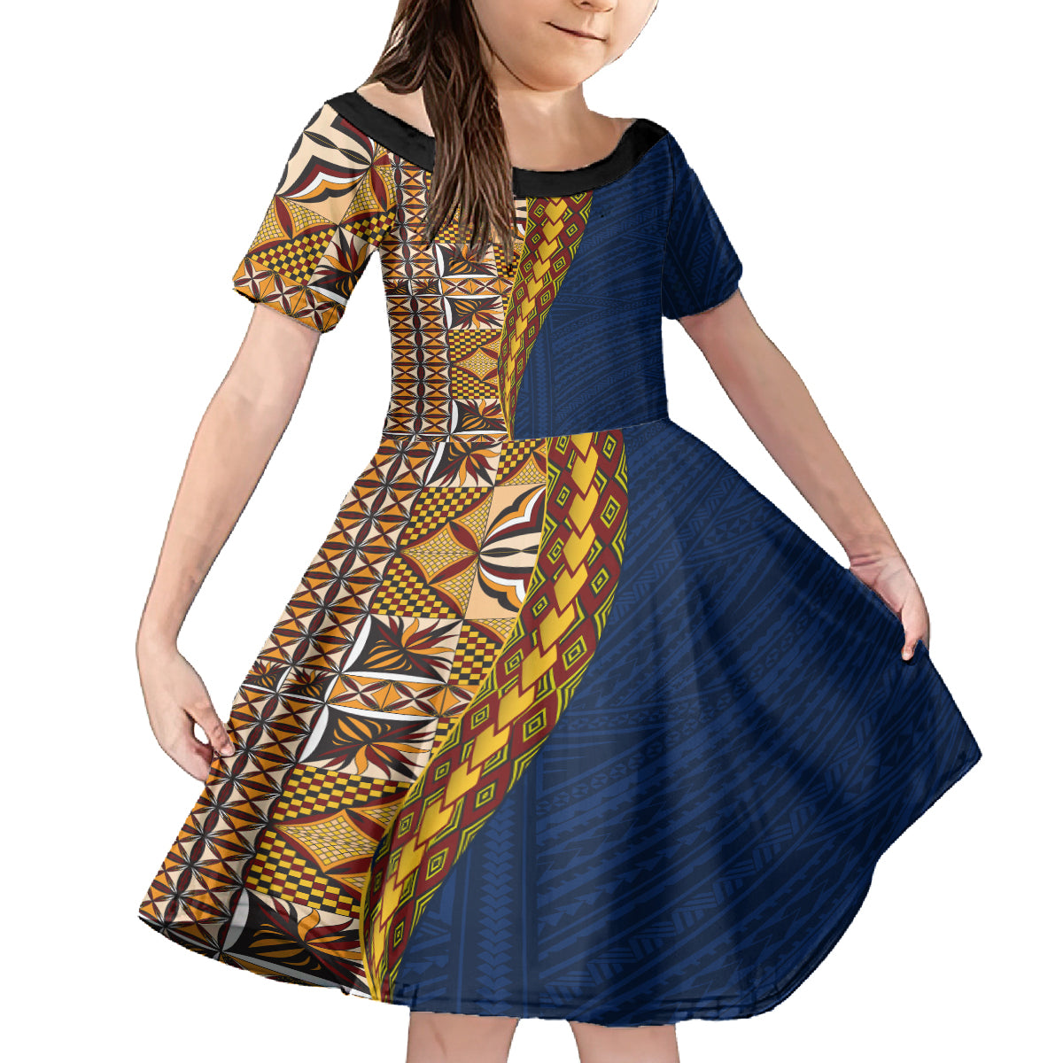 Samoan Siapo Family Matching Off Shoulder Short Dress and Hawaiian Shirt Tatau Pattern Half Style LT03 Daughter's Dress Yellow - Polynesian Pride