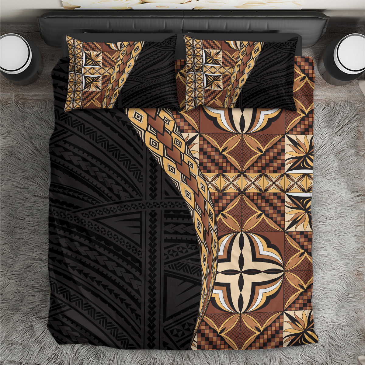 Samoan Siapo Bedding Set Tatau Pattern Half Style Retro Mode LT03 Brown - Polynesian Pride