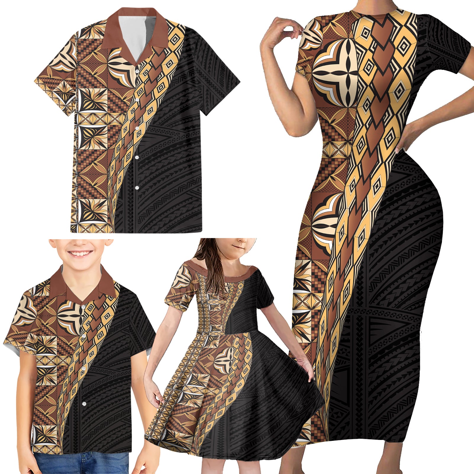 Samoan Siapo Family Matching Short Sleeve Bodycon Dress and Hawaiian Shirt Tatau Pattern Half Style Retro Mode LT03 - Polynesian Pride