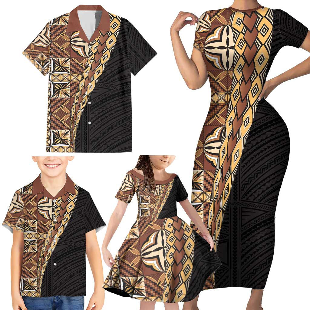 Samoan Siapo Family Matching Short Sleeve Bodycon Dress and Hawaiian Shirt Tatau Pattern Half Style Retro Mode LT03