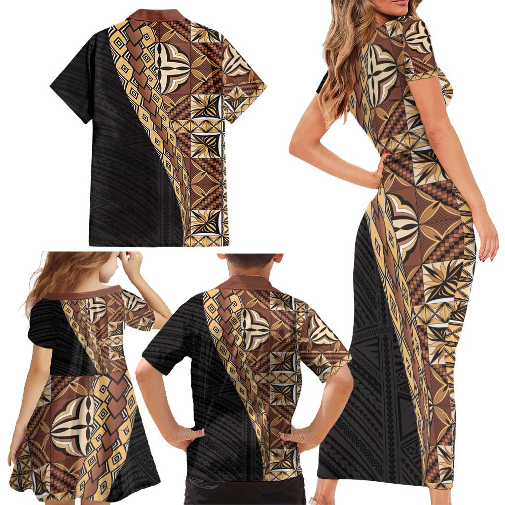Samoan Siapo Family Matching Short Sleeve Bodycon Dress and Hawaiian Shirt Tatau Pattern Half Style Retro Mode LT03