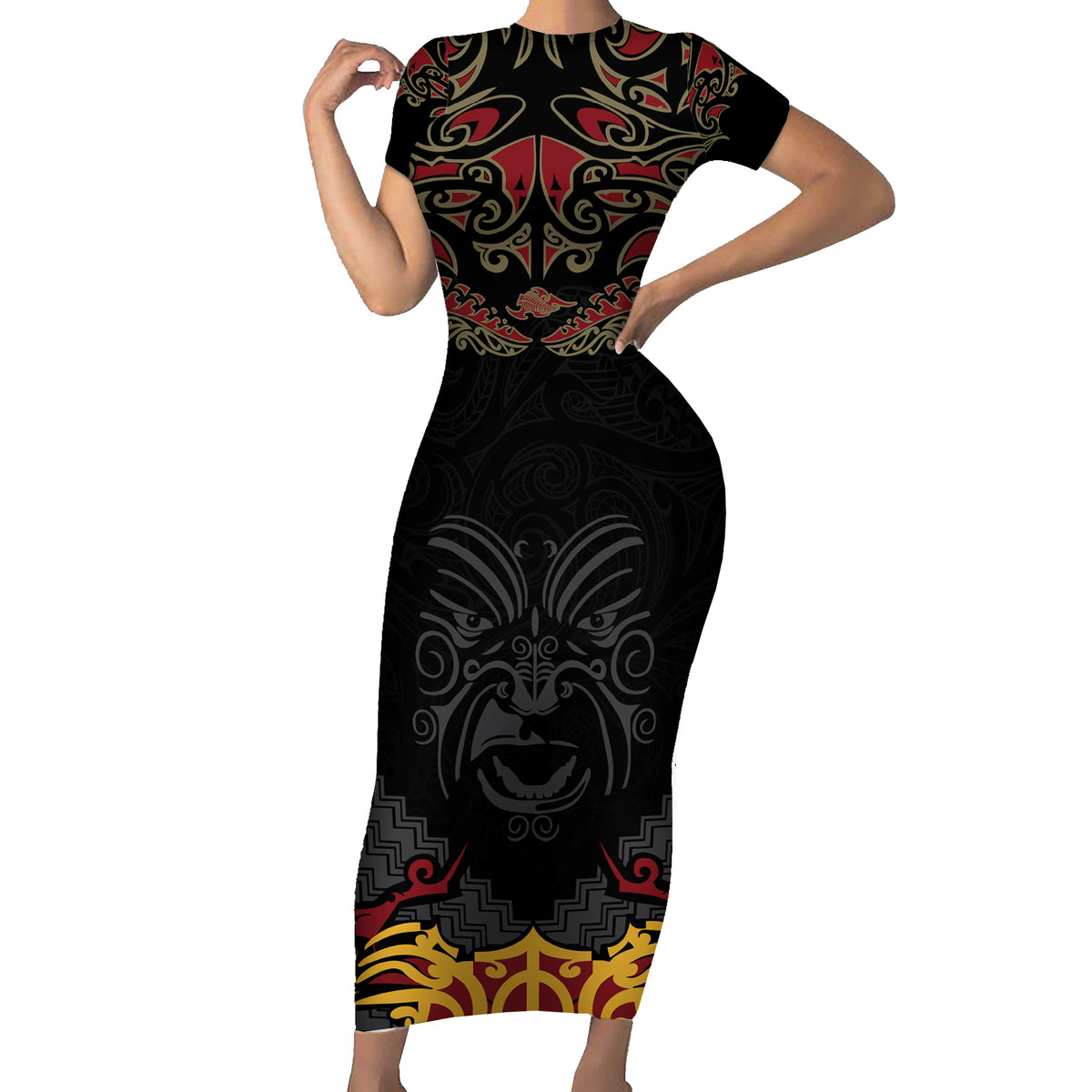 Custom New Zealand Rugby Family Matching Short Sleeve Bodycon Dress and Hawaiian Shirt Black Fern Maori Tribal Pattern LT03 Mom's Dress Black - Polynesian Pride